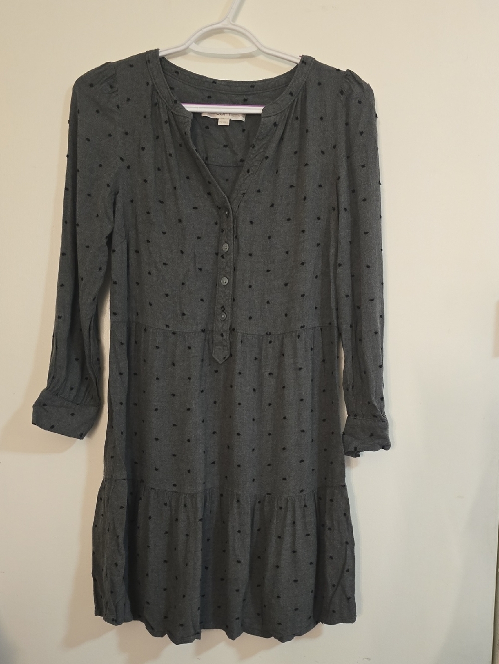 LOFT Gray Long Sleeve Polka Dot Tiered Dress